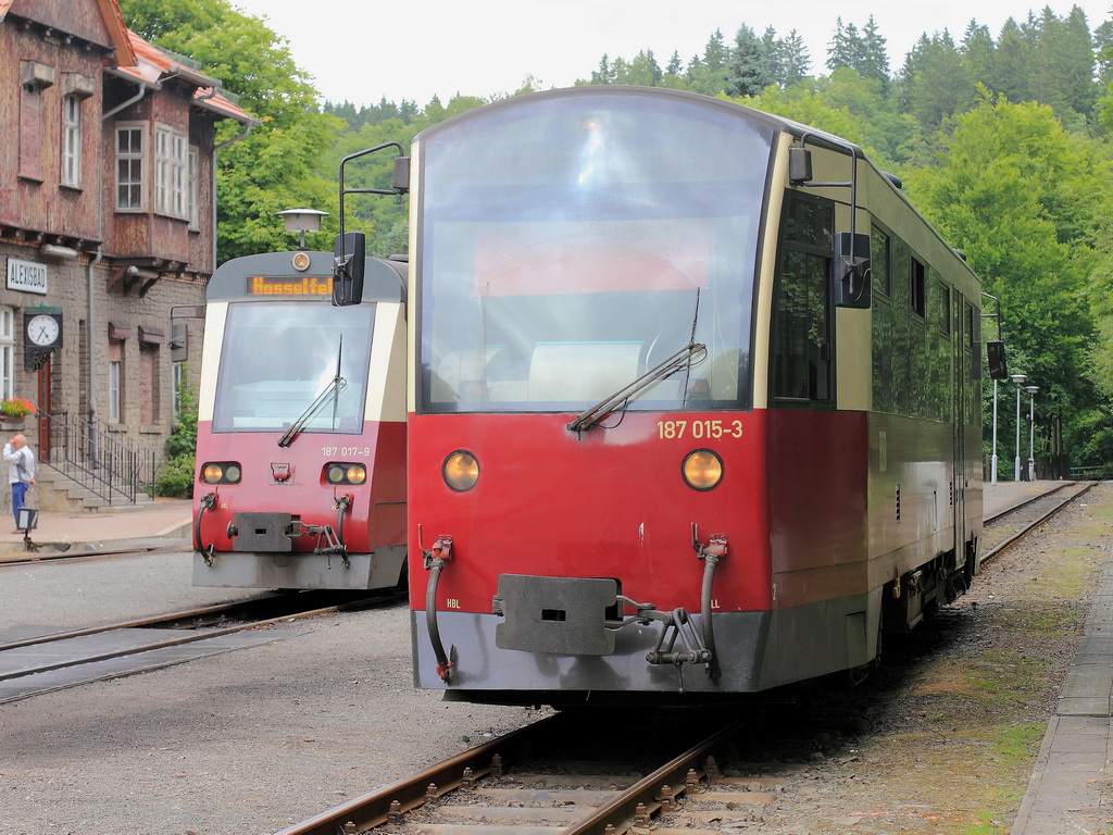 187 015-3 und 187 017-9 stehen am 28. Juni 2013 im Bahnhof Alexisbad. 