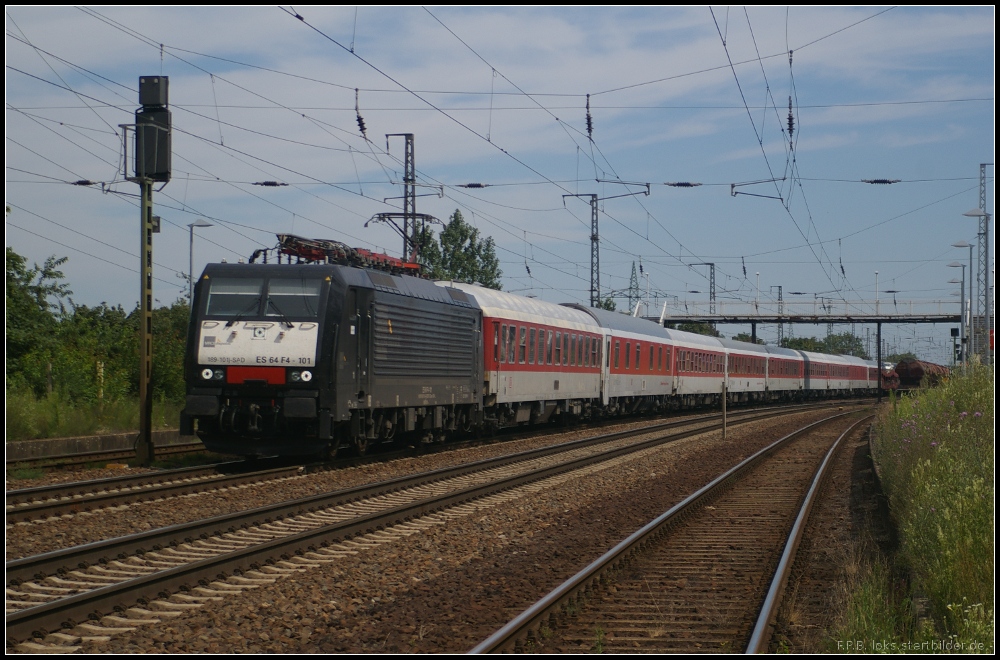 DB AutoZug ES 64 F4-101 / 189 101-9, angemietet von MRCE Dispolok, mit AZ1362 aus Narbonne nach Berlin-Wannsee am 24.07.2012 in Nuthetal-Saarmund