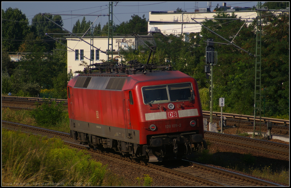 DB Fernverkehr 120 105 solo am 10.08.2013 in Berlin Bornholmer Strae