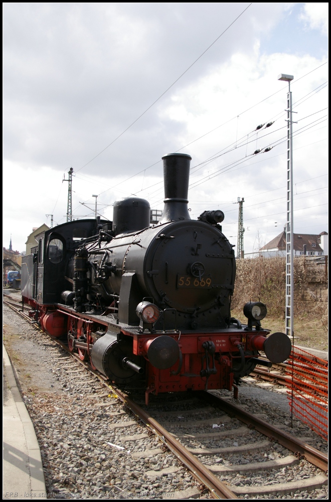 Die 55 669 ist ursprünglich eine preußische G7 der Gattung G 44.13 und wurde 1906 von Henschel gebaut (gesehen 3. Dresdner Dampfloktreffen Dresden-Altstadt 02.04.2011)