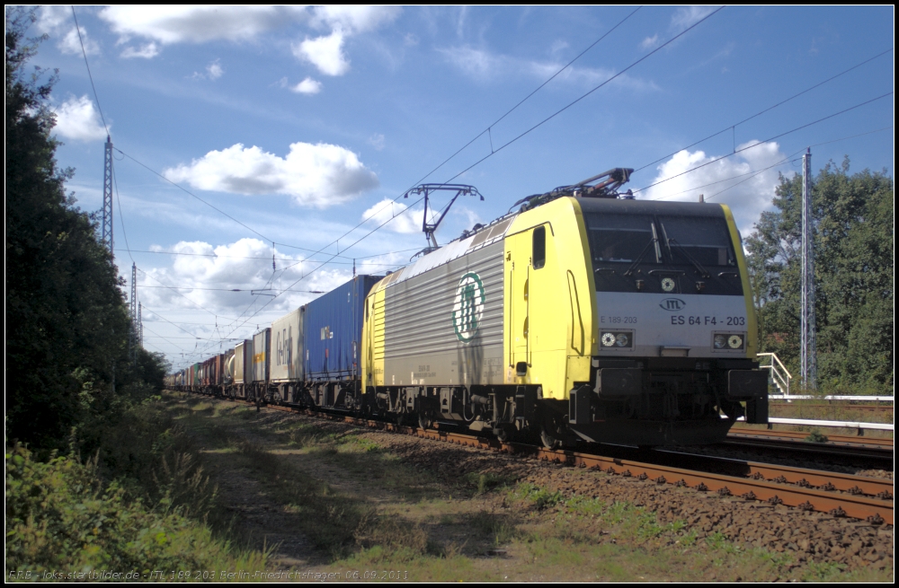 ITL E 189 203 (ES 64 F4-203) mit Containerzug am 06.09.2011 in Berlin Friedrichshagen.