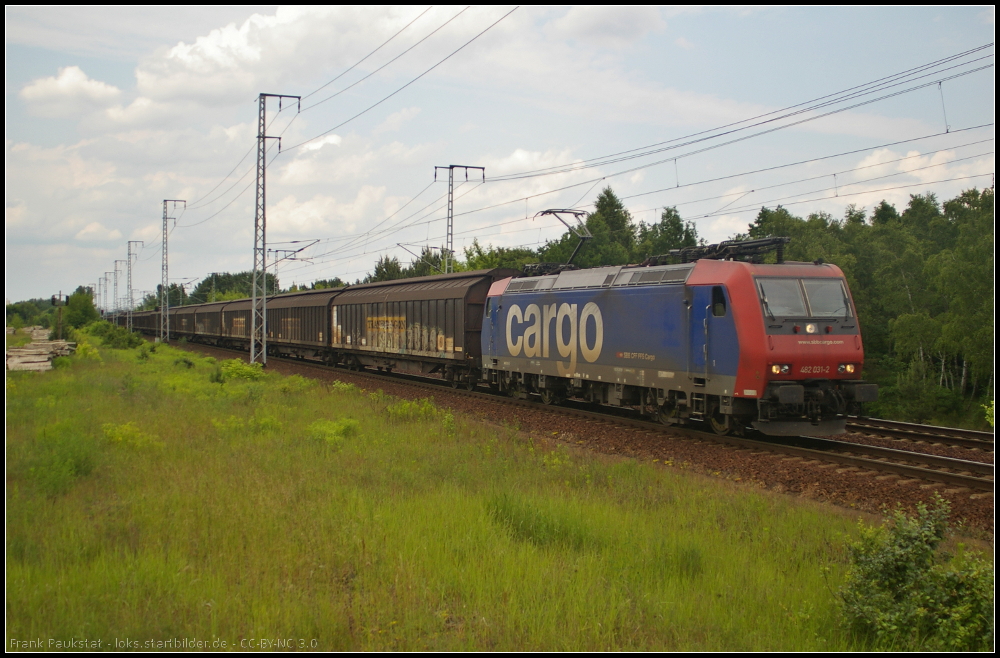 LOCON 482 031, angemietet von SBB Cargo, am 09.06.2013 mit Schiebewandwagen in der Berliner Wuhlheide