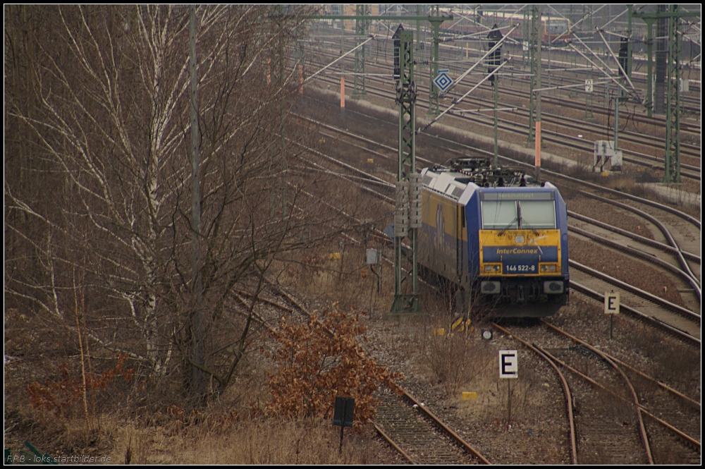 OLA 146 522-8  InterConnex  steht am 16.02.2011 im Rbf Moabit abgestellt. Im Display steht  Werkstattfahrt 