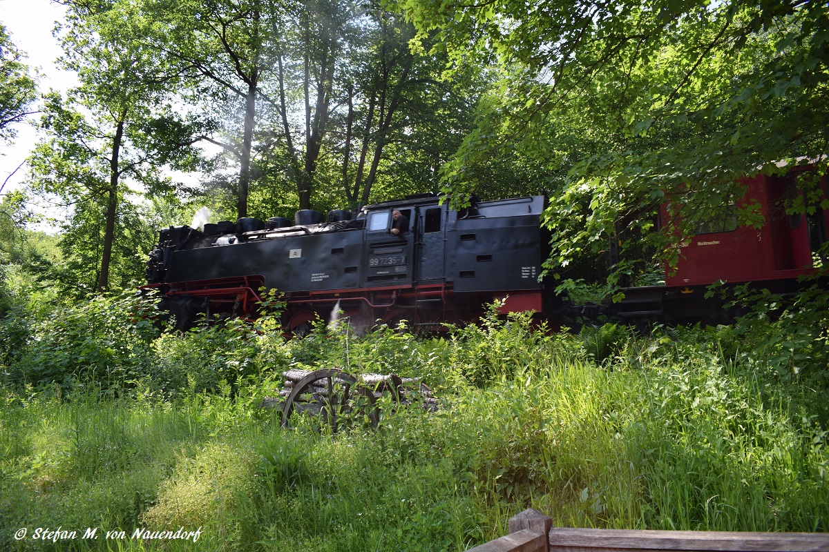 02.06.2017: Dampfzug in Richtung Hasselfelde fährt entlang des Scheunencafes Drahtzug.