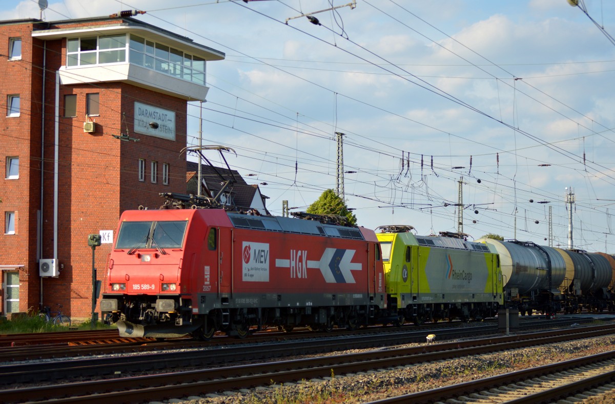185 589-9 und 119 007-2 bei der Durchfahrt durch Darmstadt Kranichstein am 17.05.2015