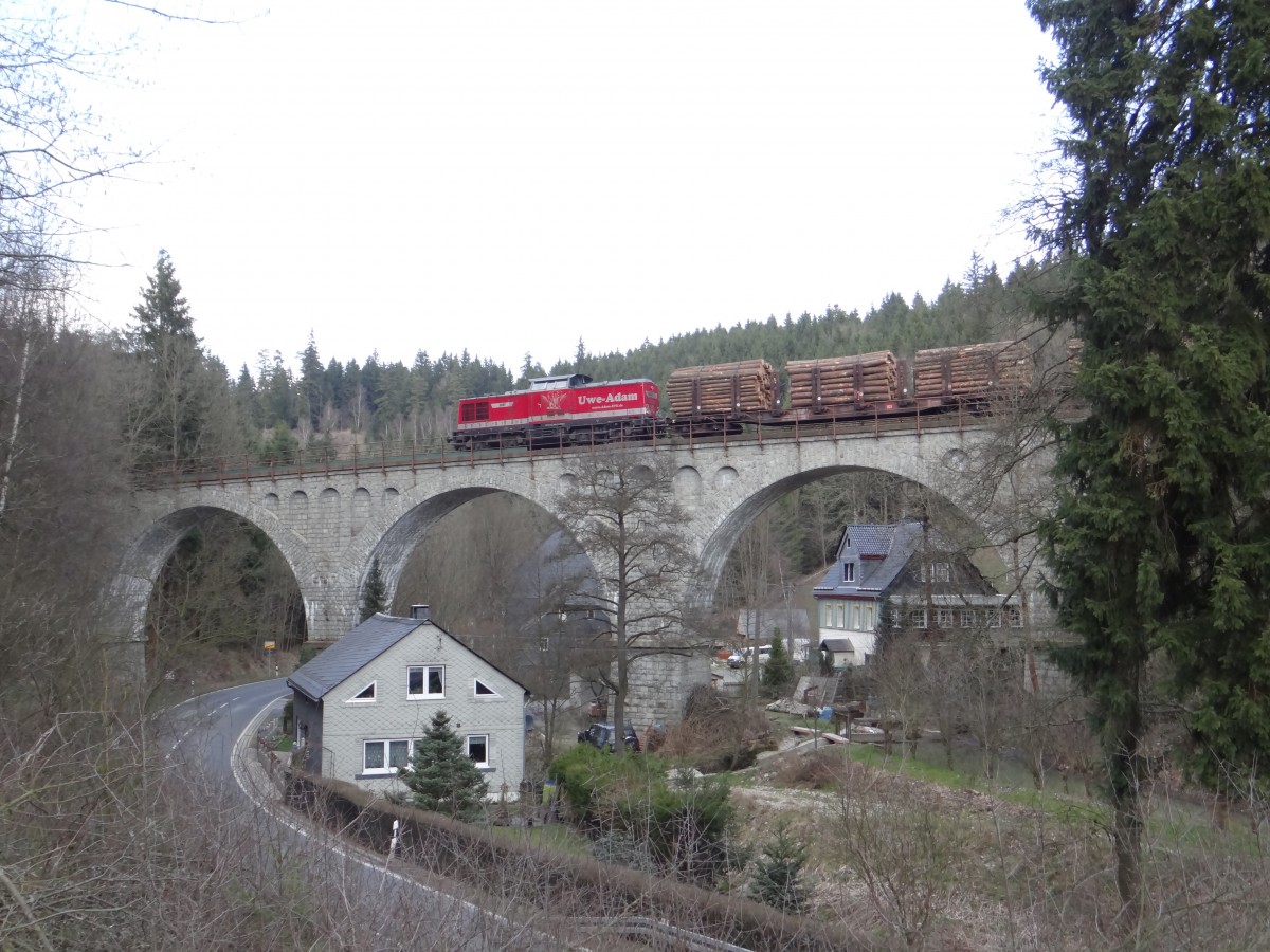 202 597-1, 202 738-1 und Schublok 202 240-8 waren am 24.03.14 mit einem Holzzug von Saalfeld nach Friesau unterwegs. Hier zusehen in Wurzbach die Schublok. 