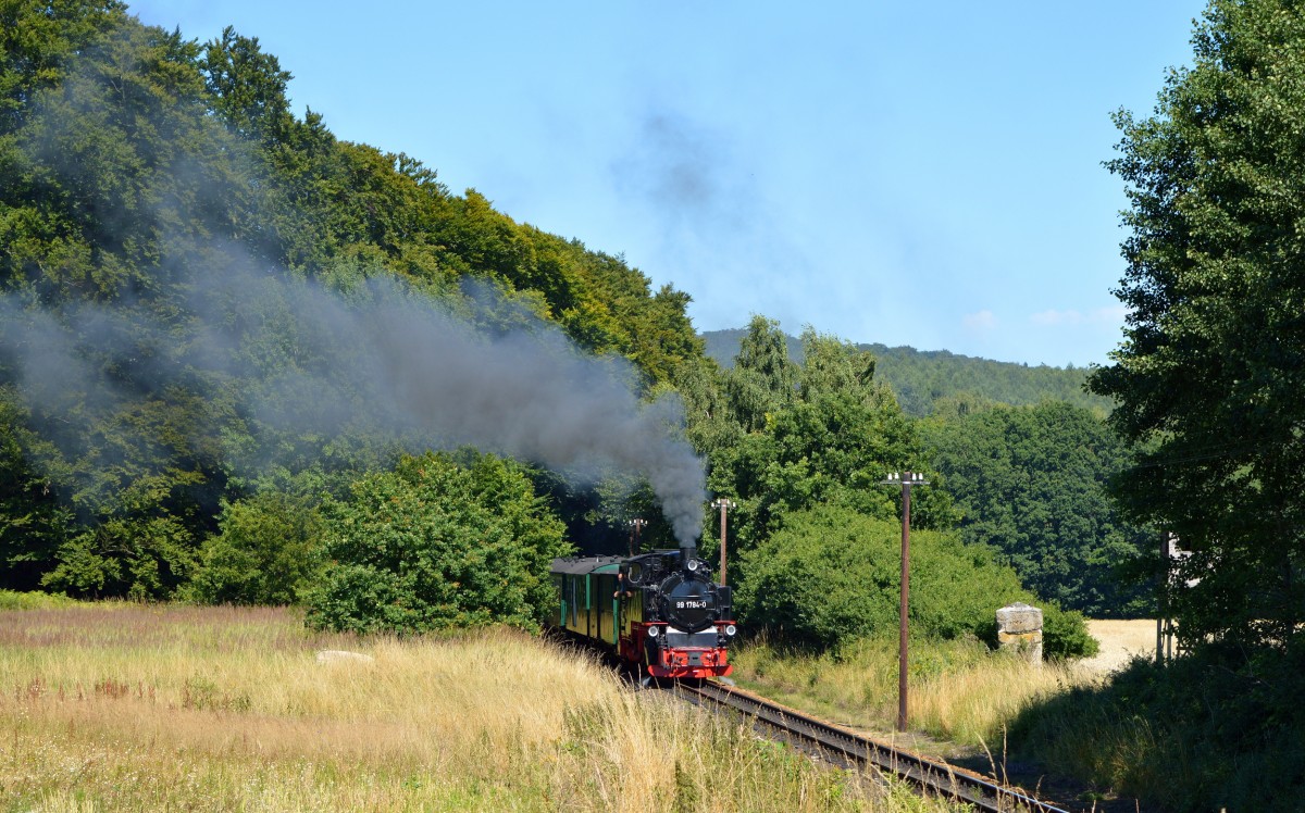 99 1784-0 donnert mit P 106 aus der Wittboe Ri.Garftitz am 03.08.2015 hinaus.