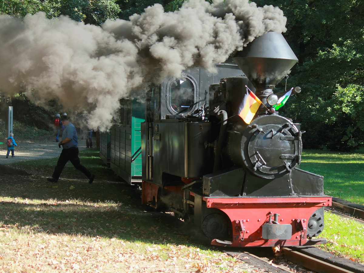 99 3312-8 steht am 03. Oktober 2015 mit einem Personenzug zur Abfahrt bereit im Bahnhof Bad Muskau.