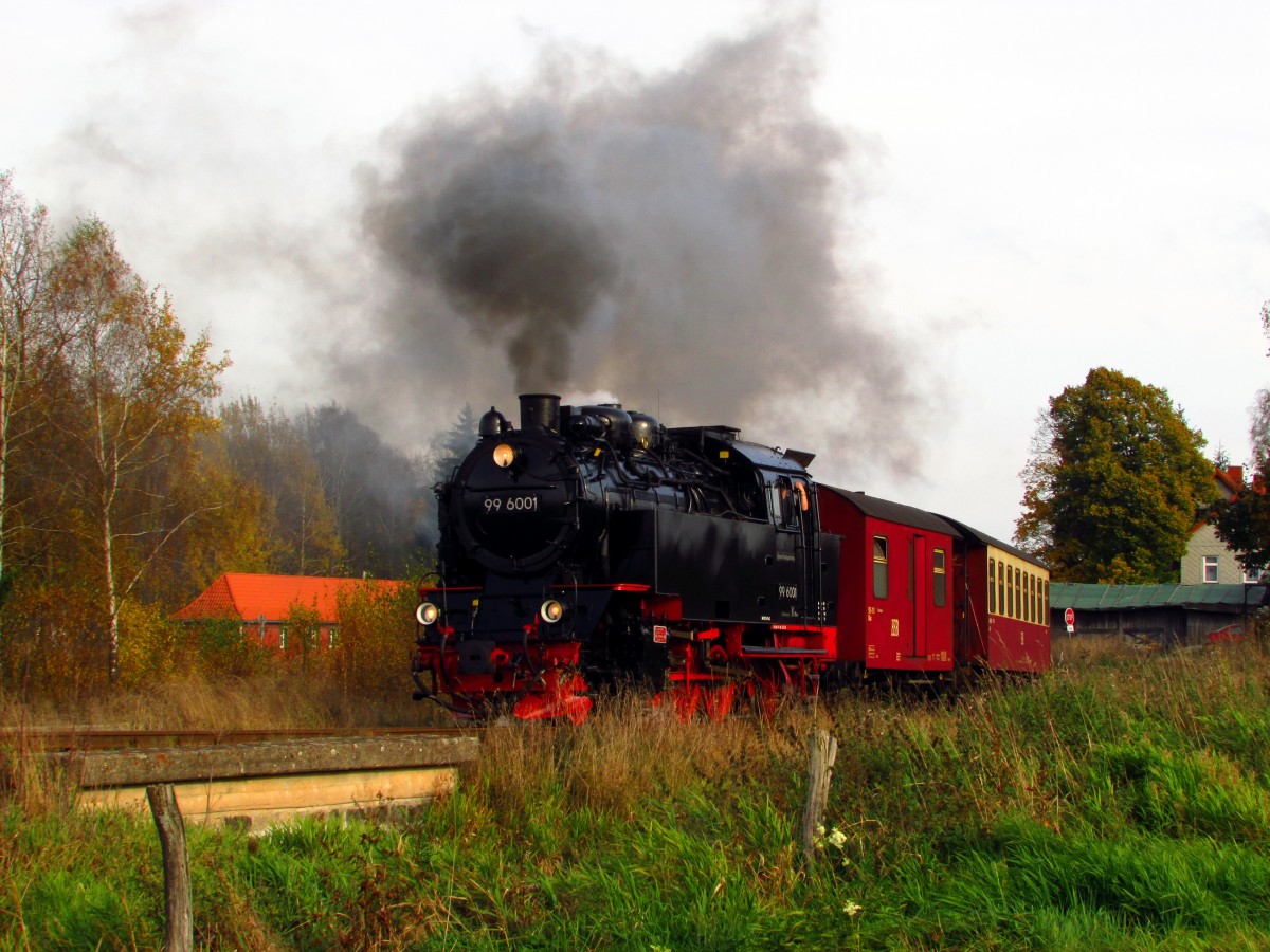 99 6001 bei der Ausfahrt mit P 8965 aus Stiege am 18.10.14