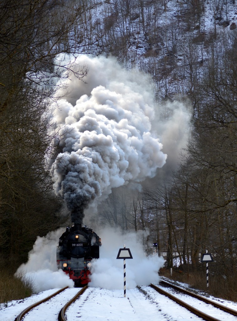 99 6001 bei der Ausfahrt mit N 8964 aus Eisfelder Talmühle am 03.04.2015 (1)