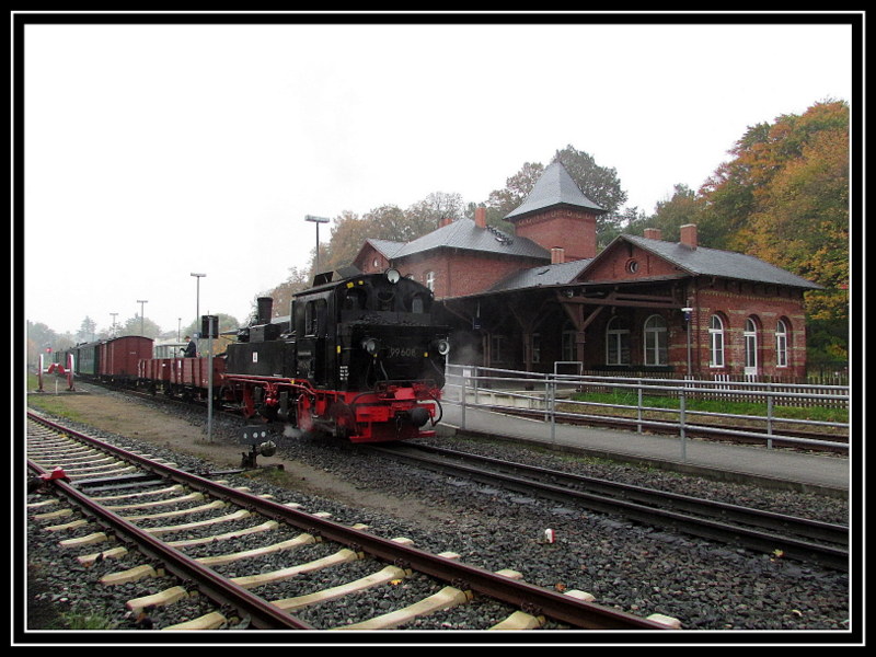 99 608 am 13.Okt.2013 im Bahnhof Putbus mit ihrem Sonderzug.
Bild des Monats Oktober 2013.