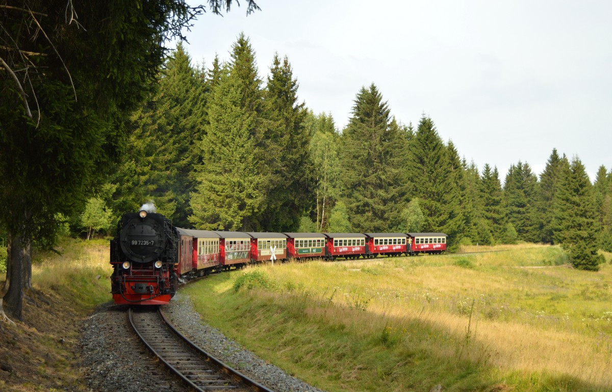 99 7235-7 kurz vor dem ehemaligen Bahnhof Sorge mit N 8929 am 12.08.2015. Version 3.