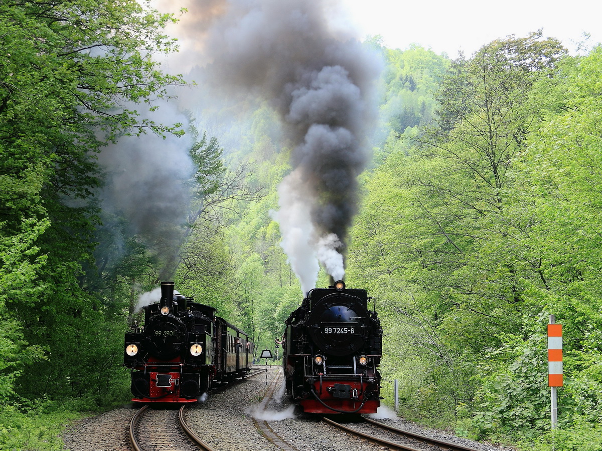 Ausfahrt 99 5901zur Weiterfahrt in Richtung Stiege  und 99 7245-6 zur Weiterfahrt nach Gernrode  aus den Bahnhof Eisfelder Talmühle am 20. Mai 2017.