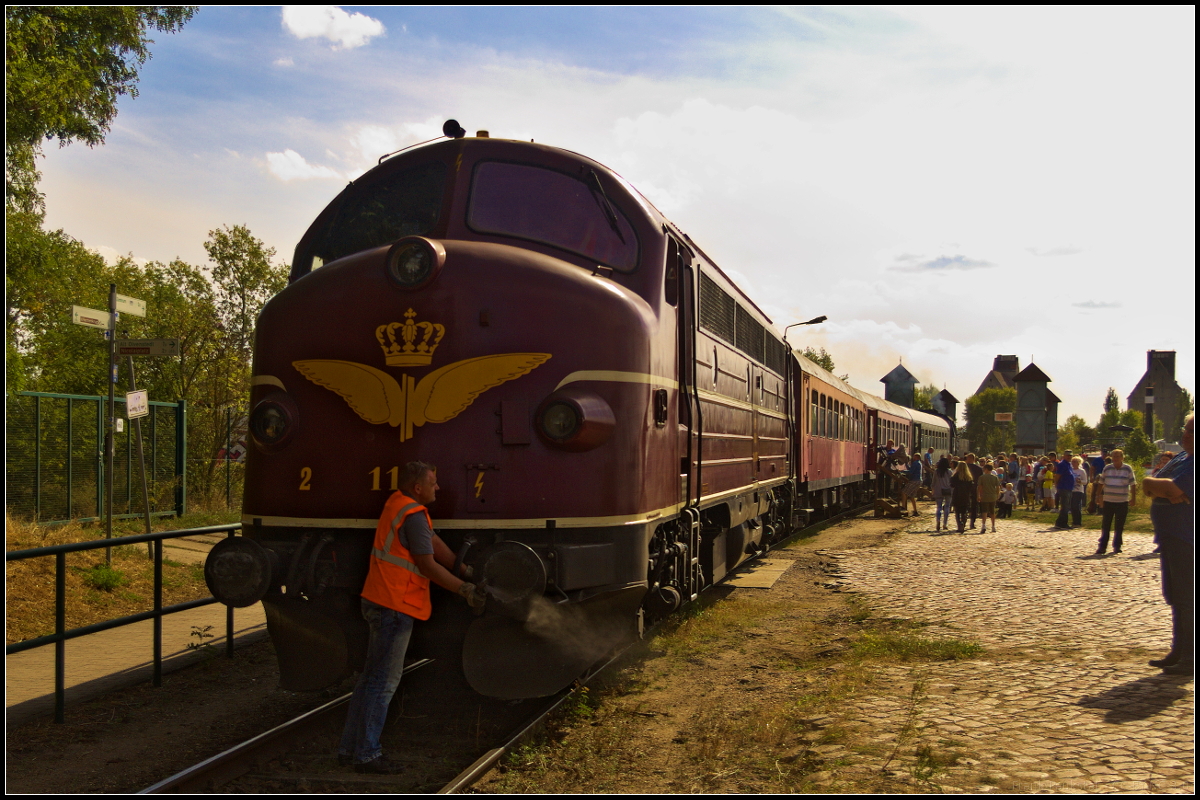 Bei ihrem Einsatz am Pendelzug musste bei CLR My 1151 / 227 009-8 immer wieder der Druck abgelassen werden. Im Gegenlicht am behelfsmäßigen Haltepunkt  Wissenschaftshafen-Nord  war es sogar fotografisch festzuhalten. Während des Familienfest der Magdeburger Eisenbahnfreunde e.V. am Wissenschaftshafen in Magdeburg war auch die Cargo Logistik mit ihrer NoHAB im Einsatz.