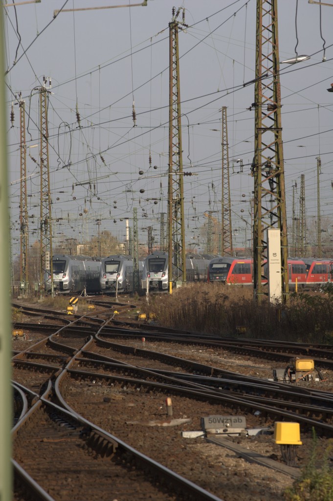 Blick auf die bahnhofsvorfeldtypischen DKW in Leipzig Hbf. Im Hintergrund die abgestelltenr  der Baureihe 442 welchr fr den MDV zwischen Halle und Leipzig  als RE oder als S-bahn unterwegs sind. 16.11.3013 12:47 Uhr