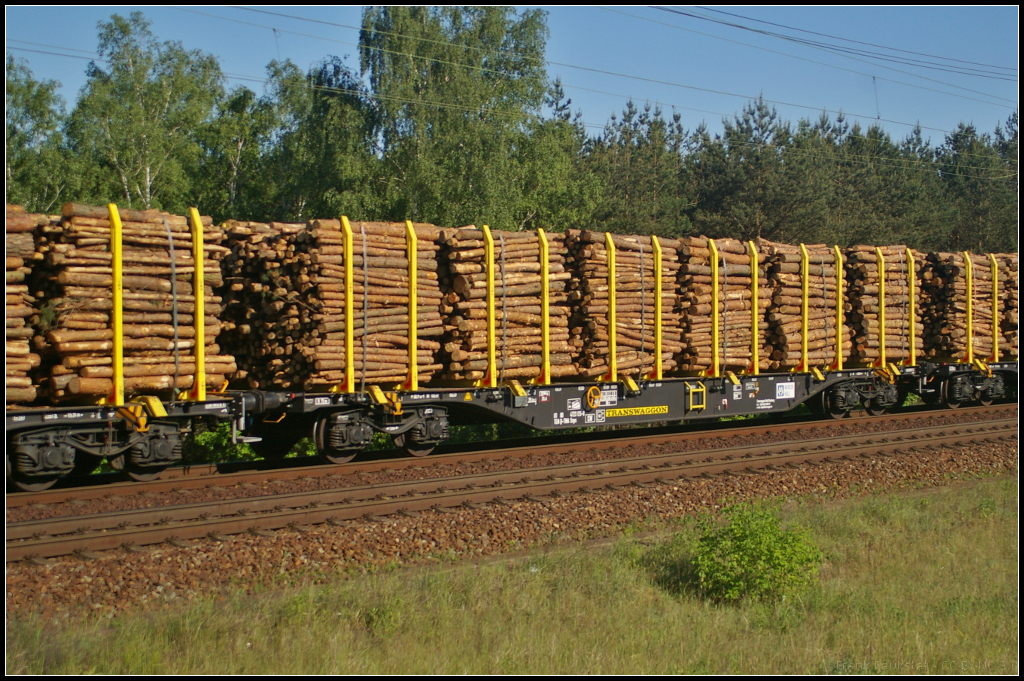 Der 4-achsige Flachwagen der Gattung Sngs des Einstellers Transwaggon aus der Schweiz dient zum Transport von Holz. Eingereiht war der Wagen am 27.05.2017 mit weiteren gleichen Wagen in einem Holzzug der durch die Berliner Wuhlheide fuhr (D-TWA 81 80 4723 125-8 Sngs)