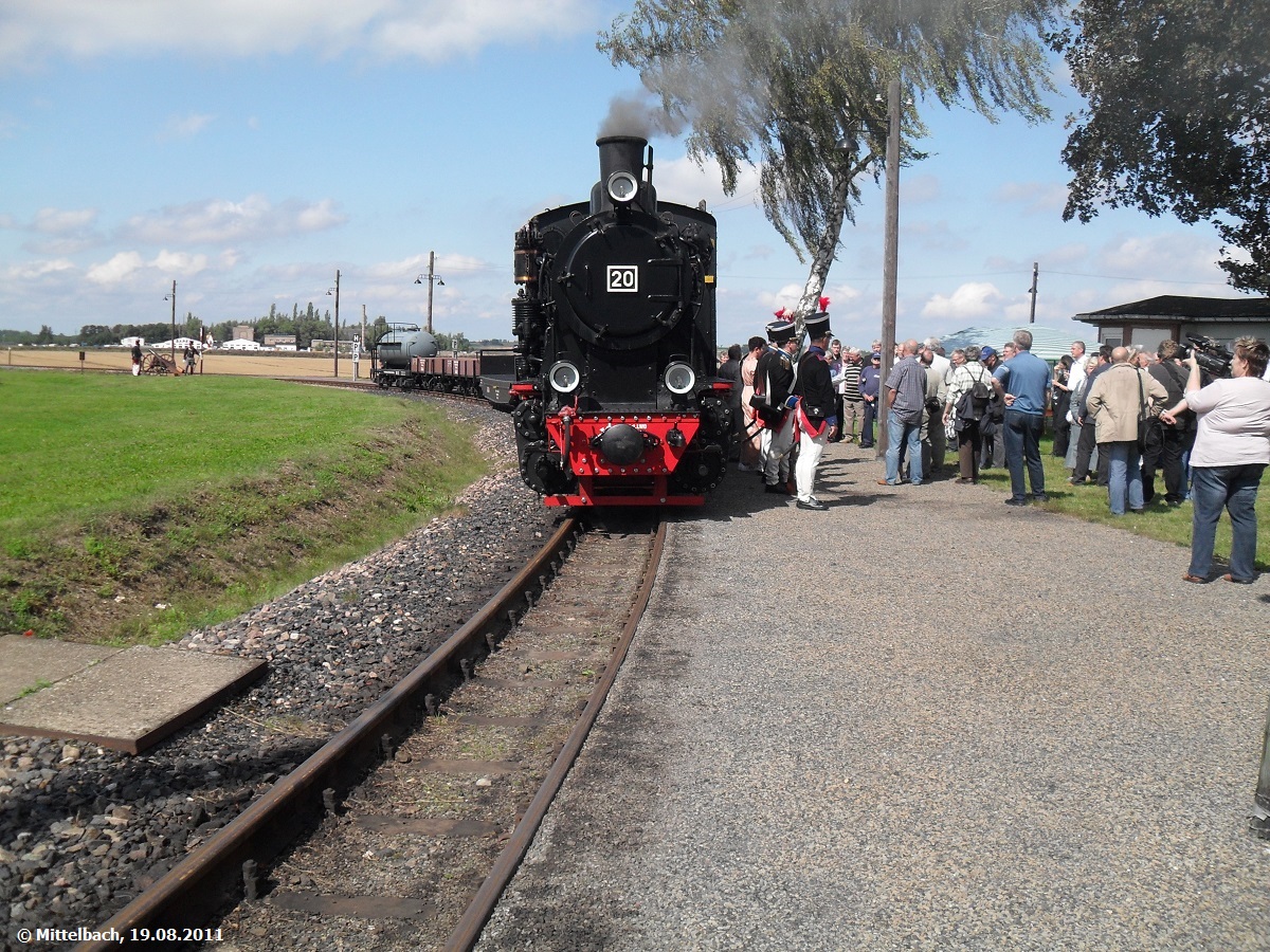 Die nach einem Unfall auf der L��nitzgrundbahn neuaufgebaute Lok 20 der Mansfelder Bergwerksbahn wurde am 19.08.2011 auf den heimischen Gleisanlagen wieder eingeweiht. Hier steht sie mit ihrem G�terzug in Siersleben.
