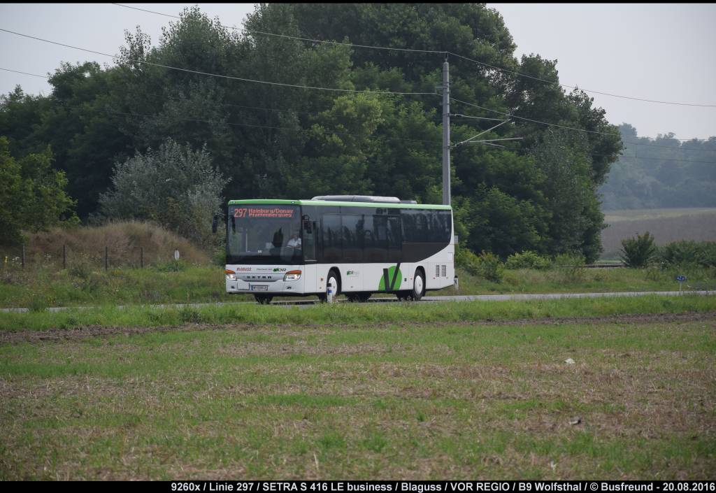 Ein SETRA S 416 LE Business von Blaguss Reisen (Wien) im VOR Regio Design unterwegs auf der Linie 297 im östlichen NÖ.