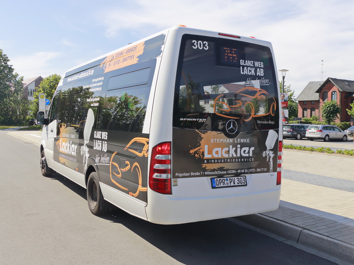 Heckpartie eines Mercedes Sprinter der Ostprignitz-Ruppiner Personenverkehrsgesellschaft in Wittstock (Dosse) am 24. Juli 2019.