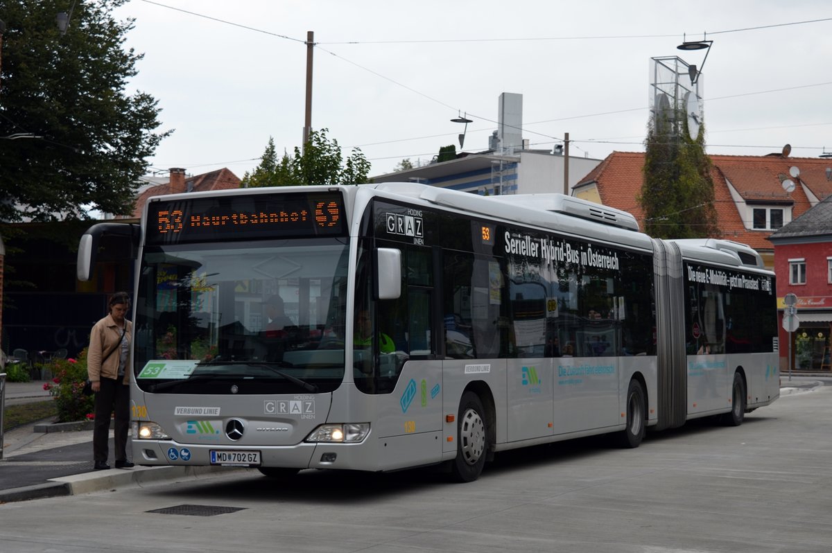 Holding Graz Mercedes-Benz O530GDH WN 130 als Linie 53 bei der Haltestelle Andritz, 15.09.2015