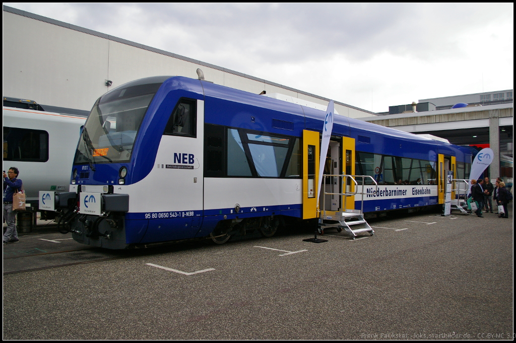 Im typischen blau-wei der Niederbarnimer Eisenbahn prsentiert sich der modernisierte VT 011 / 650 543-1 auf der InnoTrans 2014 in Berlin (NVR-Nummer 95 80 0650 543-1 D-NEBB). Bei dem Triebwagen handelt es sich um den ehemaligen VT 011 der Mitteldeutschen Regiobahn