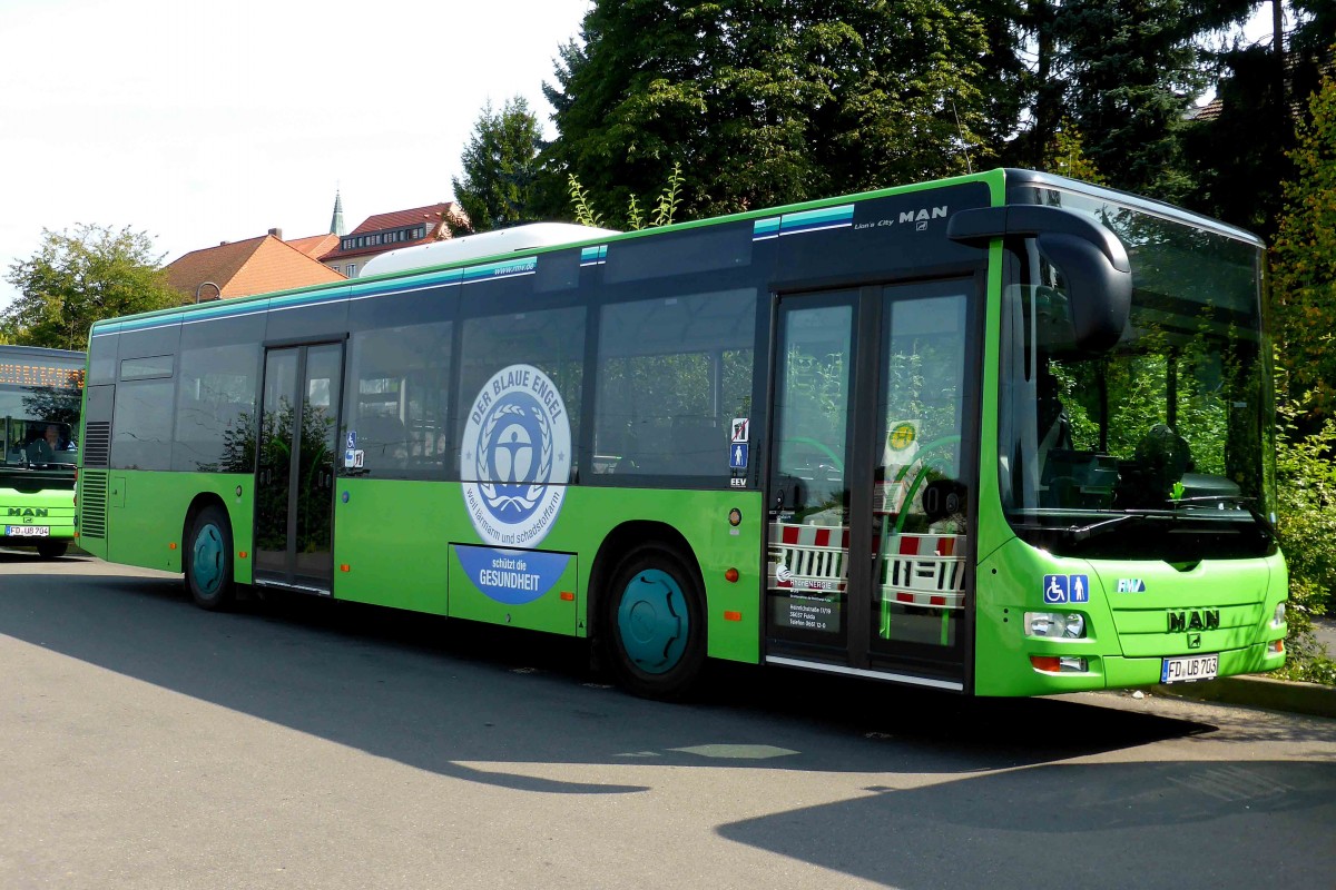 Lions City der Rhoen Energie, frher WAG Fulda, steht am Bahnhof in 36088 Hnfeld, August 2014