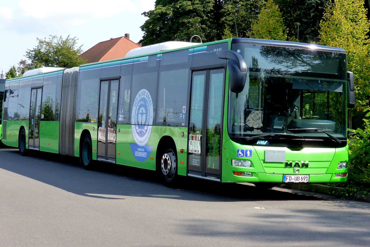 Lions City der Rhoen Energie, frher WAG Fulda, steht am Bahnhof in 36088 Hnfeld, August 2014