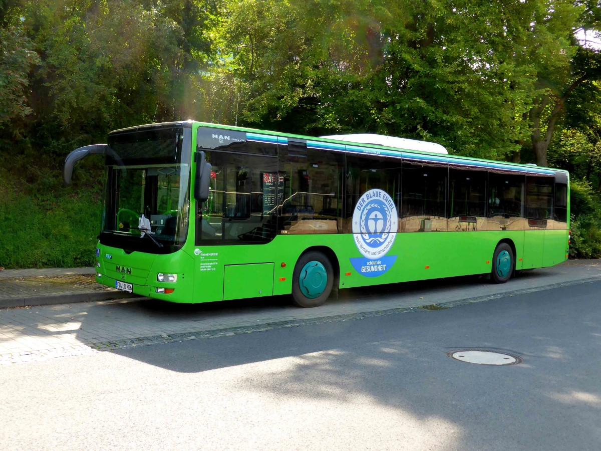Lions City der Rhoen Energie, fr�her �WAG Fulda, steht am Bahnhof in 36088 H�nfeld, August 2014