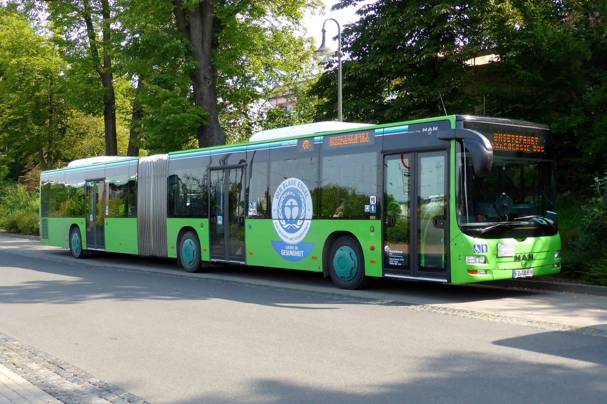 Lions City der Rhoen Energie, frher WAG Fulda, steht am Bahnhof in 36088 Hnfeld, August 2014