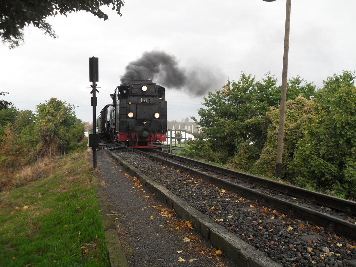 Lok 12 am 02.10.2016 mit ihrem Zug bei der Einfahrt in Bocksthal Richtung Hettstedt.