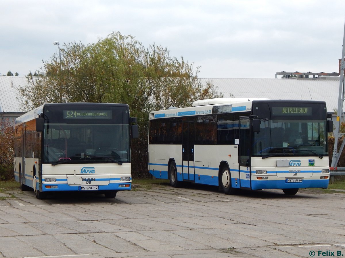 MAN Niederflurbus 2. Generation und MAN SÜ 283 der MVVG in Neubrandenburg.