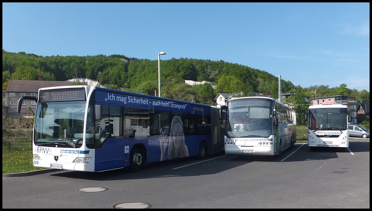 Mercedes Citaro II und Neoplan Euroliner und Volvo 8900 der RPNV in Sassnitz.