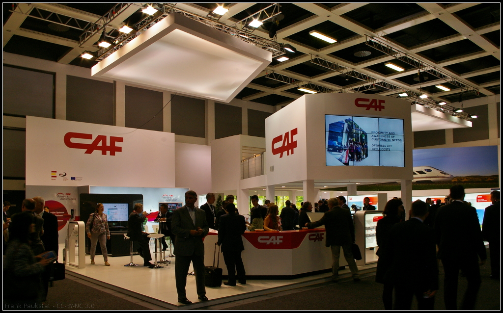 Messestand des spanischen Herstellers Construcciones y Auxiliar de Ferrocarriles (CAF) auf der InnoTrans 2014 in Berlin. Am Stand waren auch einige Modelle von Hochgeschwindigkeitszügen zu sehen.

Webseite Hersteller (deutsch): http://www.caf.es/de/index.php
