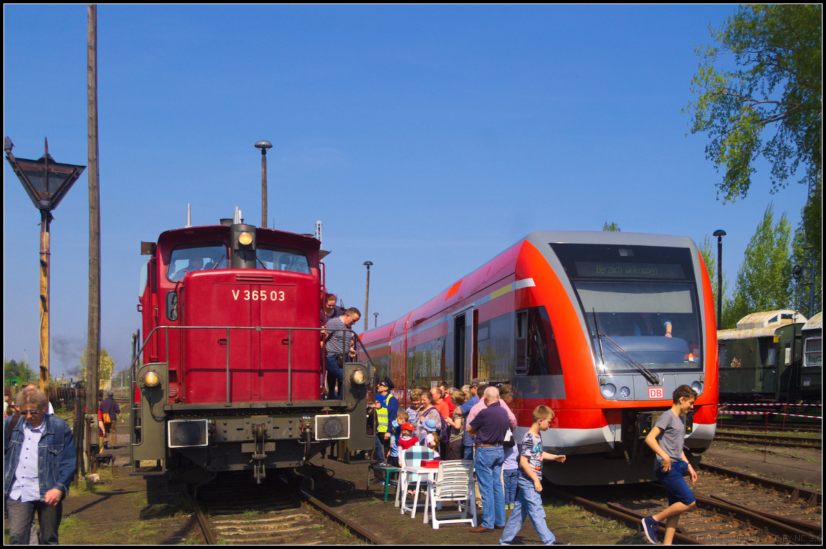 Nicht nur auf einer Dampflok konnte eine Fhrerstandmitfahrt erlebt werden, auch die dispo Tf V 365 03 / 365 120, die whrend des Frhjahrsfest der Berliner Dampflokfreunde e.V. am 21.04.2018 in Berlin Schneweide zu Gast war, bot hier ein Erlebnis auf dem Fhrerstand an.