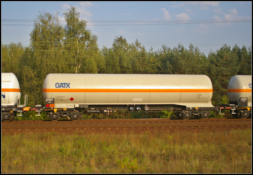 NL-GATXD 37 84 7813 645-0 Zags ist ein Kesselwagen mit Ladegut Butadien (Gefahrgut-Code 239/1010) in einem Zug weiterer Druckkesselwagen, der am 16.09.2014 durch die Berliner Wuhlheide fuhr