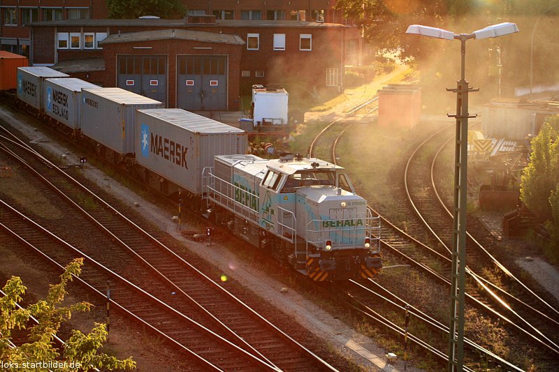 BEHALA 20 / 277 406-5 gibt kräftig Gas beim schieben des Containerzugs (NVR-Nummer 92 80 1277 406-5 D-BHL, gesehen Berlin Westhafen 05.06.2009).