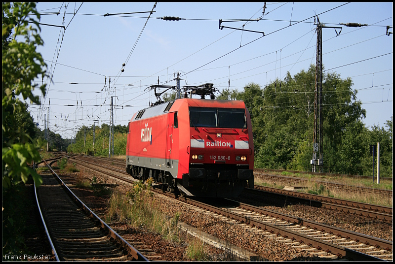 DB Schenker 152 080-8 fuhr solo Richtung Berlin am 19.08.2009 durch Ludwigsfelde Genshagener Heide