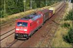 RAILION Logistics 185 289-6 mit drei verschiedenen G�terwagen (DB Schenker Rail Deutschland AG, NVR-Nummer: 91 80 6185 289-6 D-DB, gesichtet Nuthetal-Saarmund 05.08.2009)