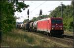 DB 185 370-4 mit gemischtem Gterzug Richtung Genshagener Kreuz (DB Schenker Rail Deutschland AG, gesichtet Nuthetal-Saarmund, 19.08.2009)