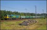 Freightliner PL 66006 / 3650 005 mit firmeneigenen Hochwandwagen am 06.07.2013 in der Berliner Wuhlheide