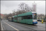 LVB 1340, Bauart NGTW6 (LFB Leoliner), getauft auf den Namen 'Meusdorf' und versehen mit Werbung  Bonava , war am 22.03.2023 in der Leipziger Goethestraße unterwegs zur Haltestelle Hauptbahnhof,