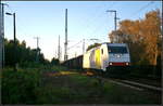 Bereits auf dem Weg zur S-Bahn überraschte mich am Bahnübergang Berlin Wuhlheide am späten Abend bei langen Schatten noch die bei DB Cargo Deutschland eingesetzte 185 637-6 mit einem