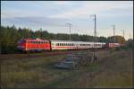 DB Fernverkehr 113 309 am 22.10.2013 und dem Pbz mit einigen IC-Wagen und am Schluss 115 383, 112 176 aus Schleswig-Holstein und 146 237  3-Lwen-Takt  in der Berliner Wuhlheide