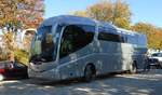 Scania Irizar aus Belgien steht im Oktober 2018 auf dem Busplatz der Veterama in Mannheim