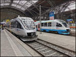 Der von Alpha Trains ausgeliehene 0013 / 643 121 stand links am Gleis 21 als RB110 nach Döbeln Hbf. Bei etwas Zeit bevor es mit einem anderen Zug weiterging konnte der Triebzug in Leipzig Hbf am 12.04.2025 fotografiert werden. Rechts steht der angekommene RB110 von Döbeln.