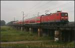 DB Regio 114 018-5 mit dem RE 38017 nach Eisenh�ttenstadt auf der Flutbr�cke (gesehen Biederitz 09.08.2010)