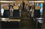 InnoTrans 2016 in Berlin: Innenraum des Pesa Dart, PKP-Baureihe ED161. Durch die klappbaren Tische entsteht viel Bewegungsraum an den einzelnen Sitzpl�tzen.