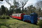 BPE 199 102-5 der ehemaligen Pioniereisenbahn Berlin fhrt durch die Wuhlheide (Berlin Wuhlheide, 27.04.2008).