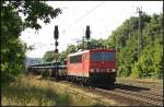 DB Schenker 155 010-2 mit Stahldrahtrollen Richtung Genshagener Kreuz (Nuthetal-Saarmund, 19.08.2009)