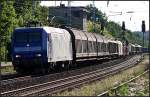 DB Schenker 145-CL 203 und ein gemischter Gterzug aus der tiefstehenden Sonne Richtung Genshagener Kreuz (NVR-Nummer 91 80 6145 099-8 D-RBH, Eigentum Alpha Trains, ex RBH, gesehen Nuthetal-Saarmund 16.06.2010)